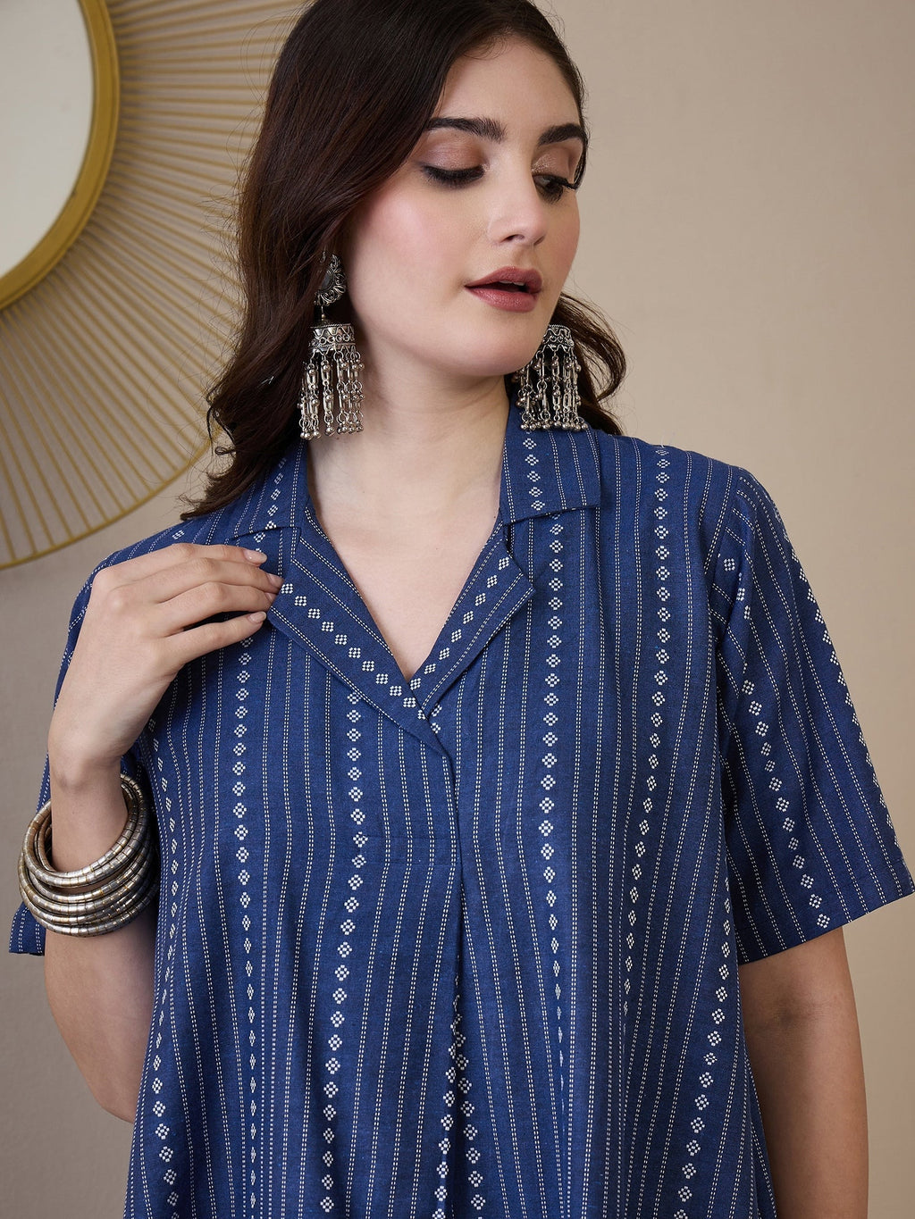 InWeave Indigo Stripe Kantha Collar Dress | Grocsy