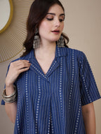InWeave Indigo Stripe Kantha Collar Dress | Grocsy