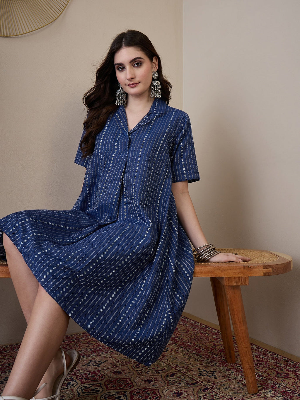 InWeave Indigo Stripe Kantha Collar Dress | Grocsy