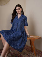 InWeave Indigo Stripe Kantha Collar Dress | Grocsy