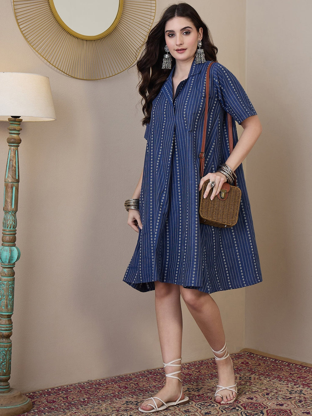 InWeave Indigo Stripe Kantha Collar Dress | Grocsy