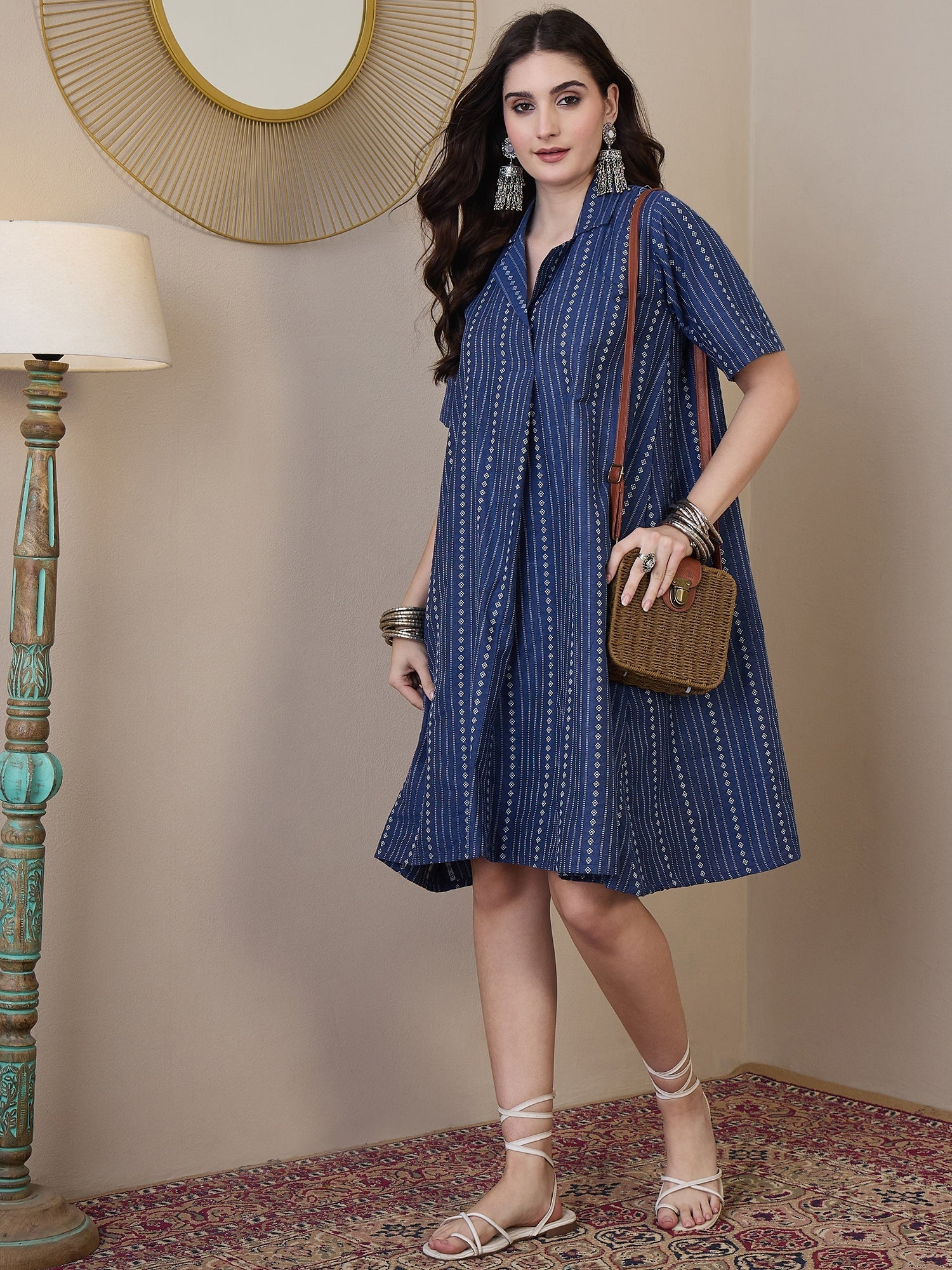 InWeave Indigo Stripe Kantha Collar Dress | Grocsy