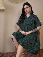 InWeave Green Stripe Kantha Collar Dress | Grocsy
