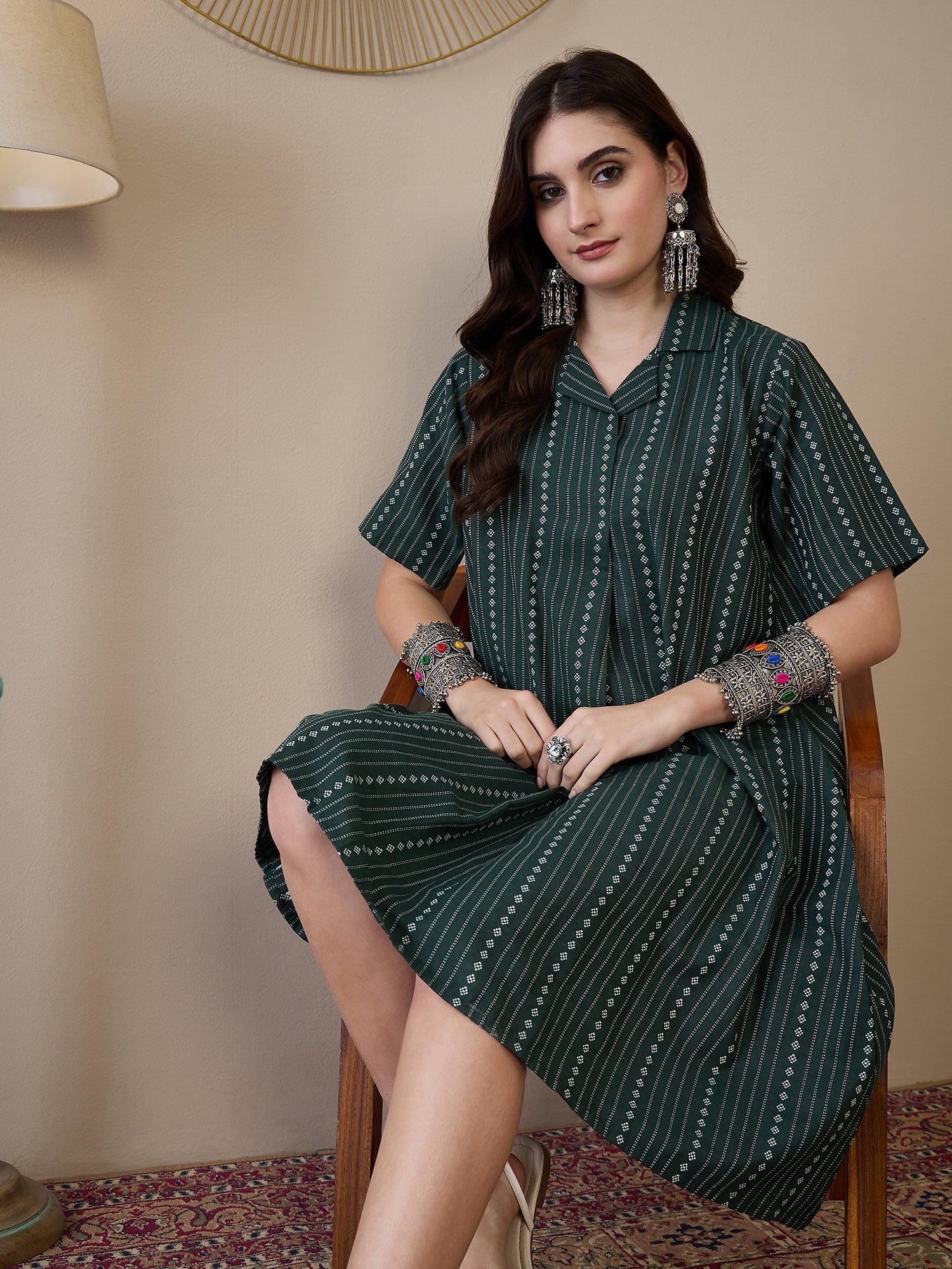 InWeave Green Stripe Kantha Collar Dress | Grocsy