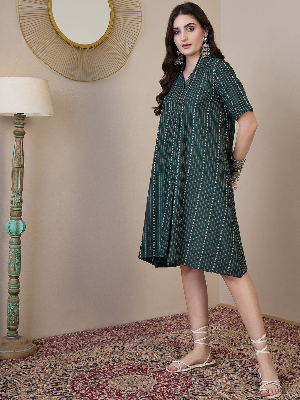 InWeave Green Stripe Kantha Collar Dress | Grocsy