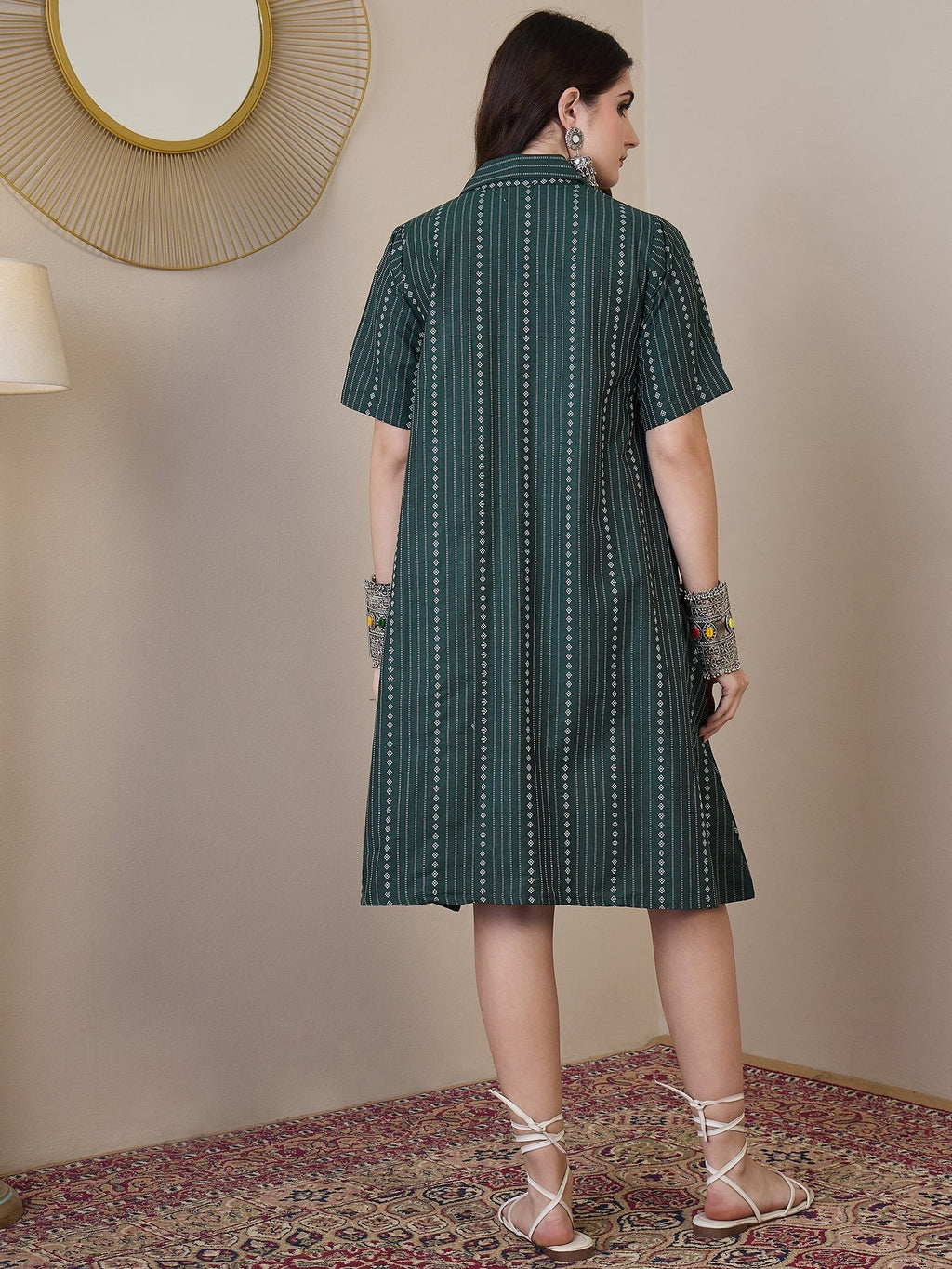 InWeave Green Stripe Kantha Collar Dress | Grocsy