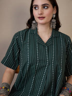 InWeave Green Stripe Kantha Collar Dress | Grocsy