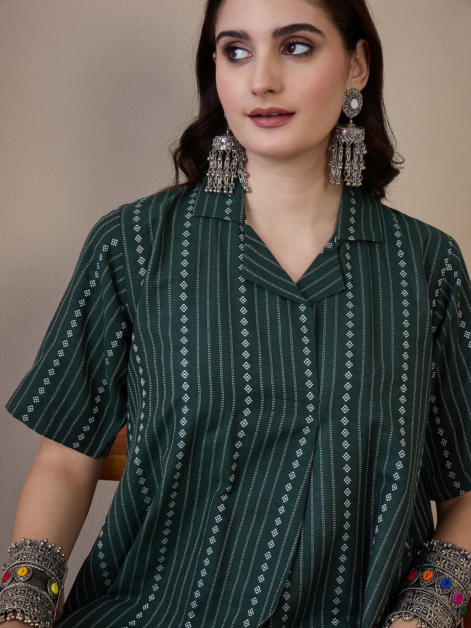 InWeave Green Stripe Kantha Collar Dress | Grocsy