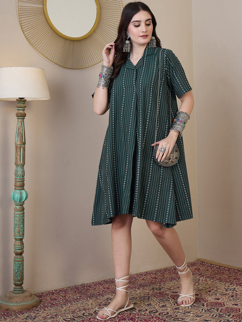 InWeave Green Stripe Kantha Collar Dress | Grocsy