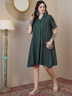 InWeave Green Stripe Kantha Collar Dress | Grocsy