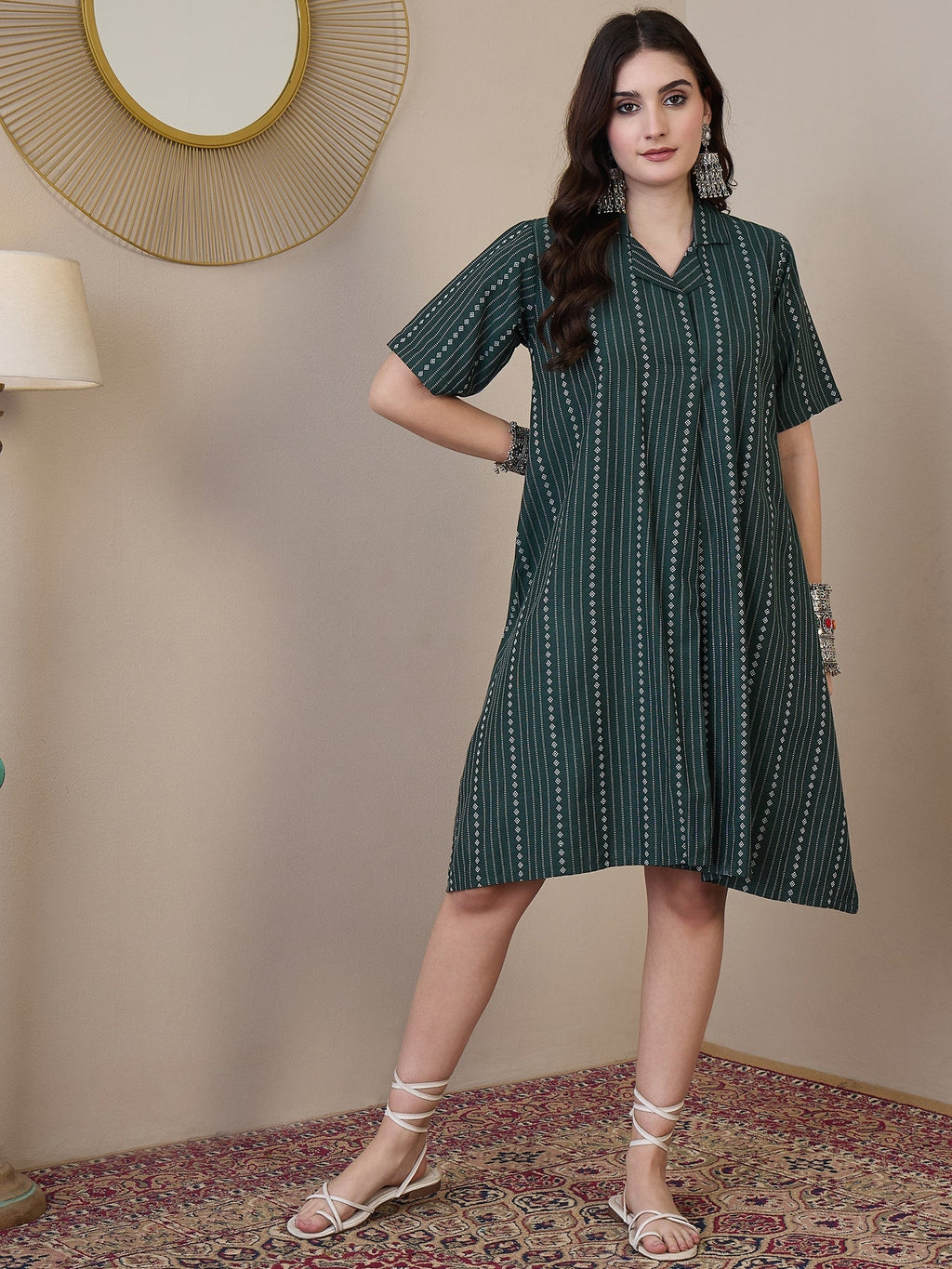 InWeave Green Stripe Kantha Collar Dress | Grocsy