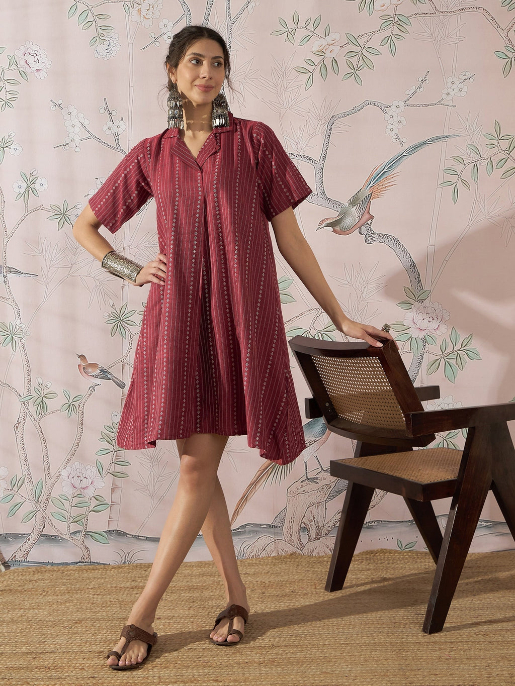 InWeave Maroon Stripe Kantha Collar Dress | Grocsy