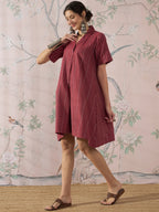InWeave Maroon Stripe Kantha Collar Dress | Grocsy
