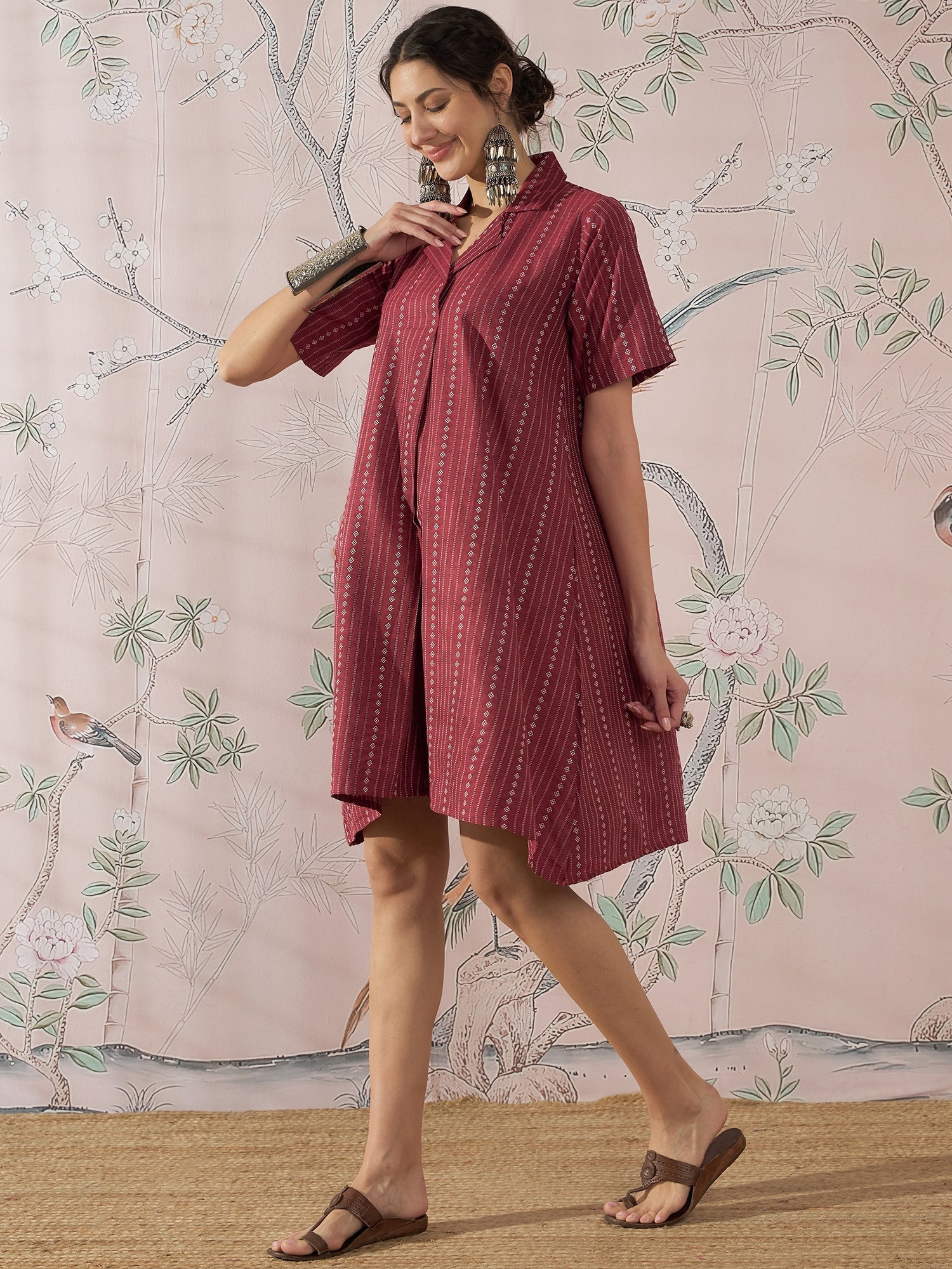 InWeave Maroon Stripe Kantha Collar Dress | Grocsy