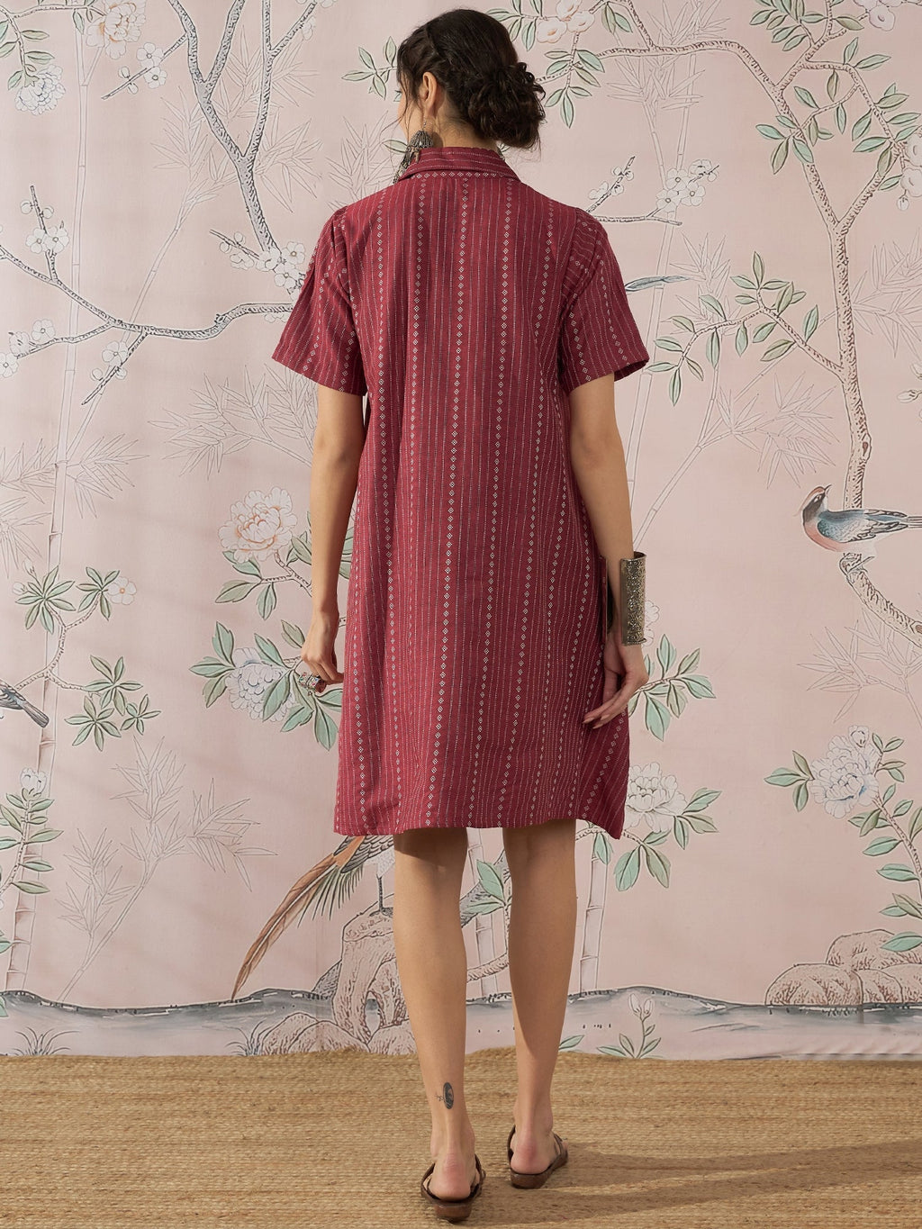 InWeave Maroon Stripe Kantha Collar Dress | Grocsy