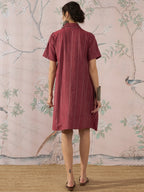 InWeave Maroon Stripe Kantha Collar Dress | Grocsy