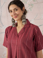 InWeave Maroon Stripe Kantha Collar Dress | Grocsy