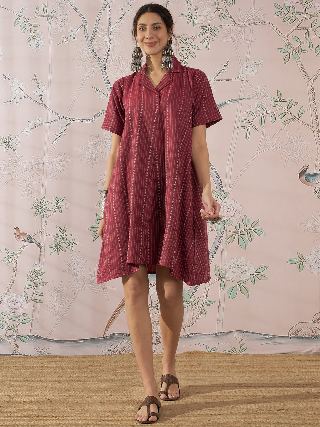 InWeave Maroon Stripe Kantha Collar Dress | Grocsy