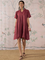 InWeave Maroon Stripe Kantha Collar Dress | Grocsy