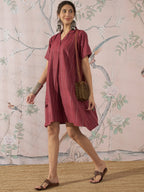 InWeave Maroon Stripe Kantha Collar Dress | Grocsy