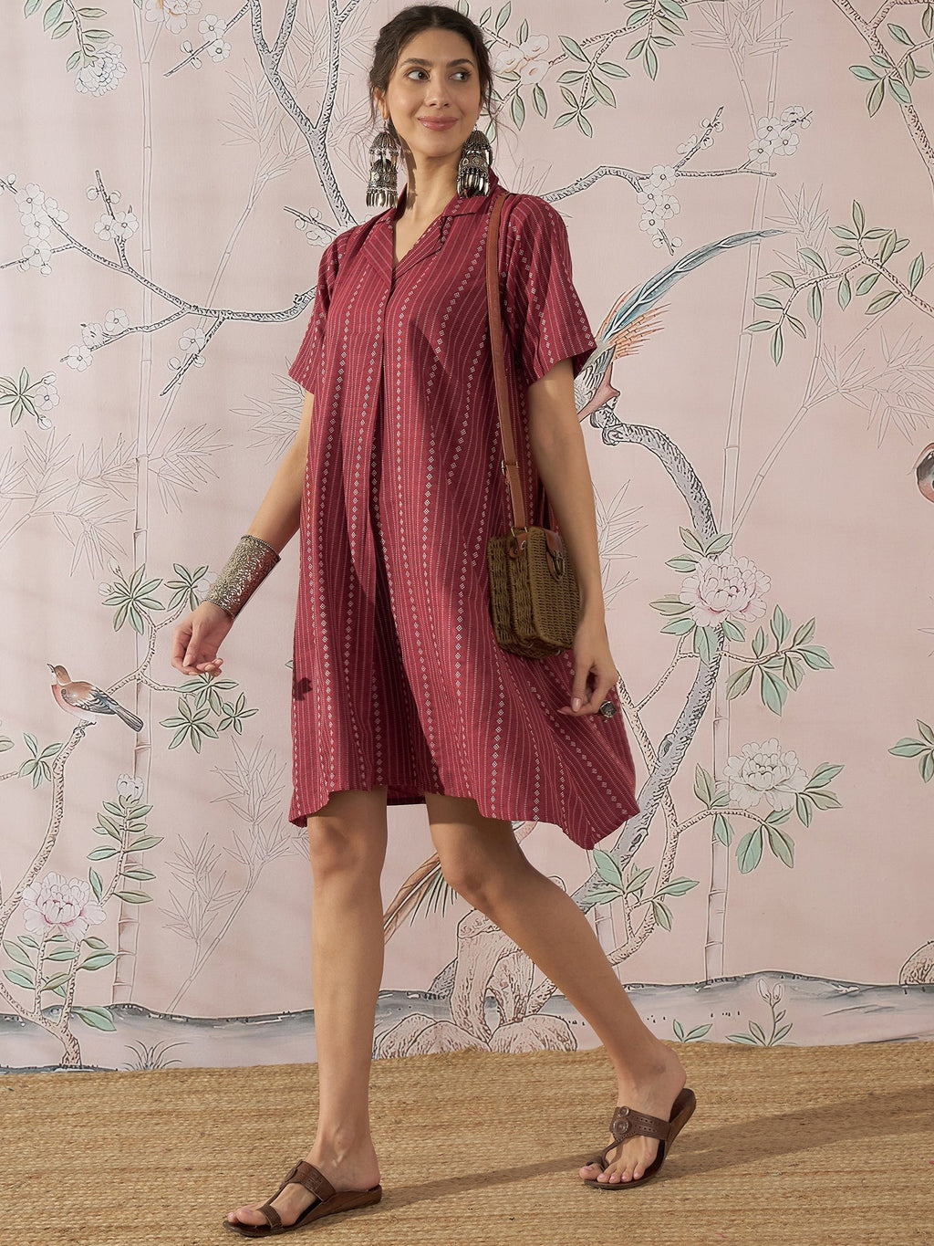 InWeave Maroon Stripe Kantha Collar Dress | Grocsy