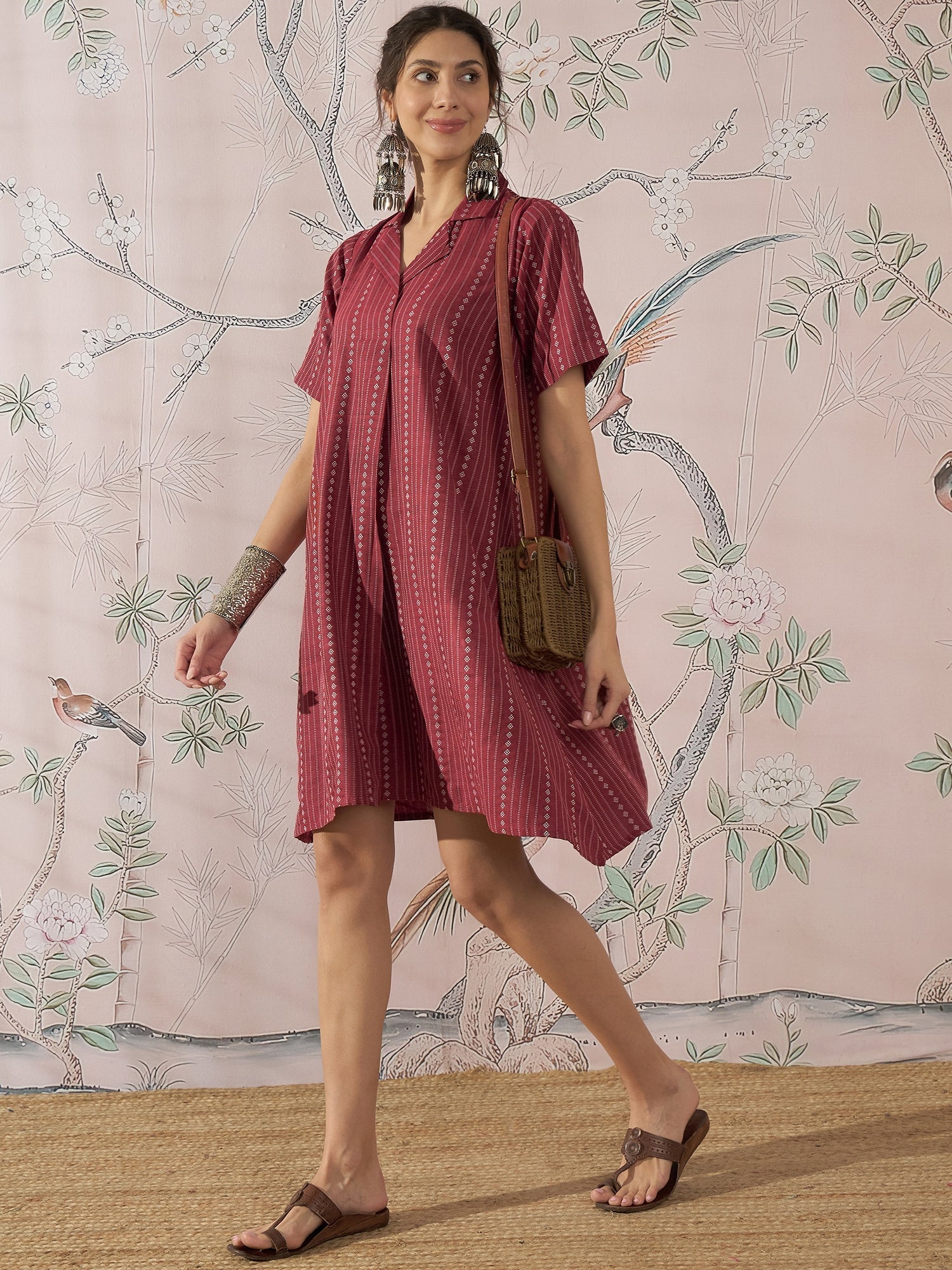 InWeave Maroon Stripe Kantha Collar Dress | Grocsy