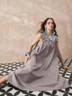 InWeave Dull Grey Linen Pleat Bow Dress | Grocsy