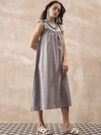 InWeave Dull Grey Linen Pleat Bow Dress | Grocsy