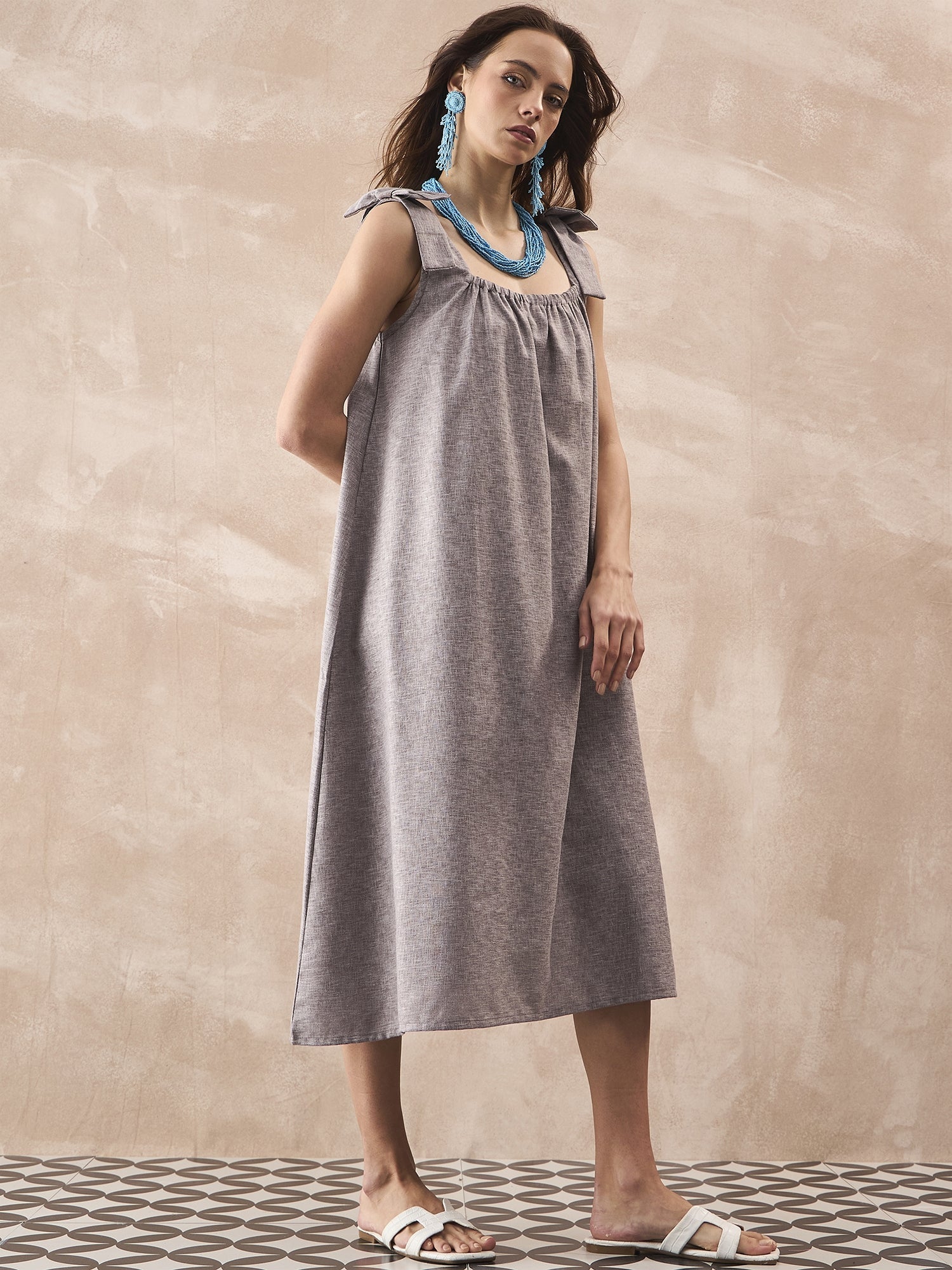 InWeave Dull Grey Linen Pleat Bow Dress | Grocsy