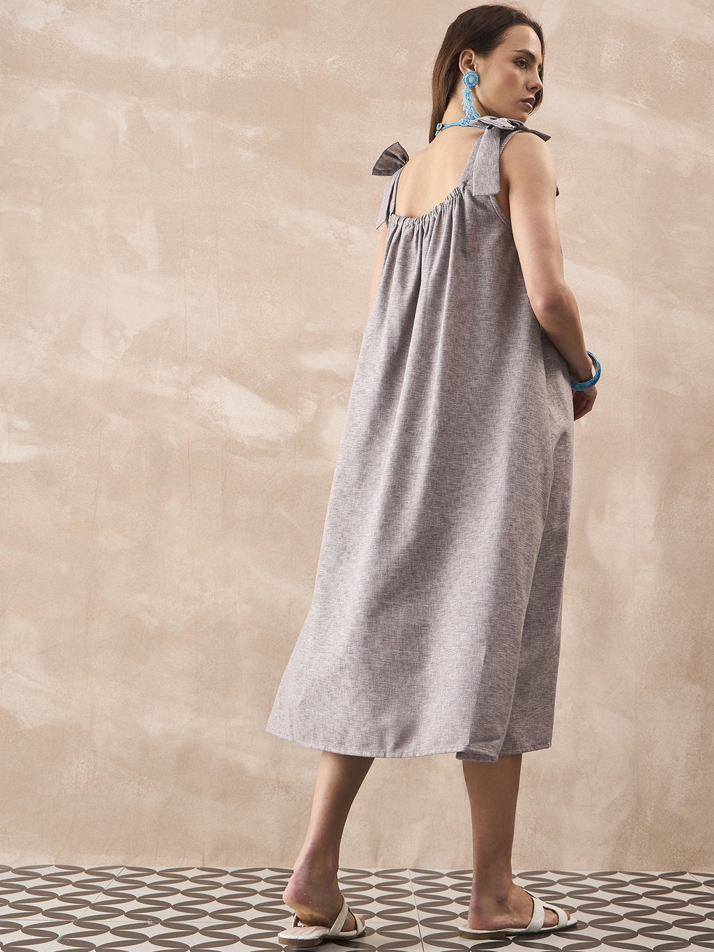 InWeave Dull Grey Linen Pleat Bow Dress | Grocsy