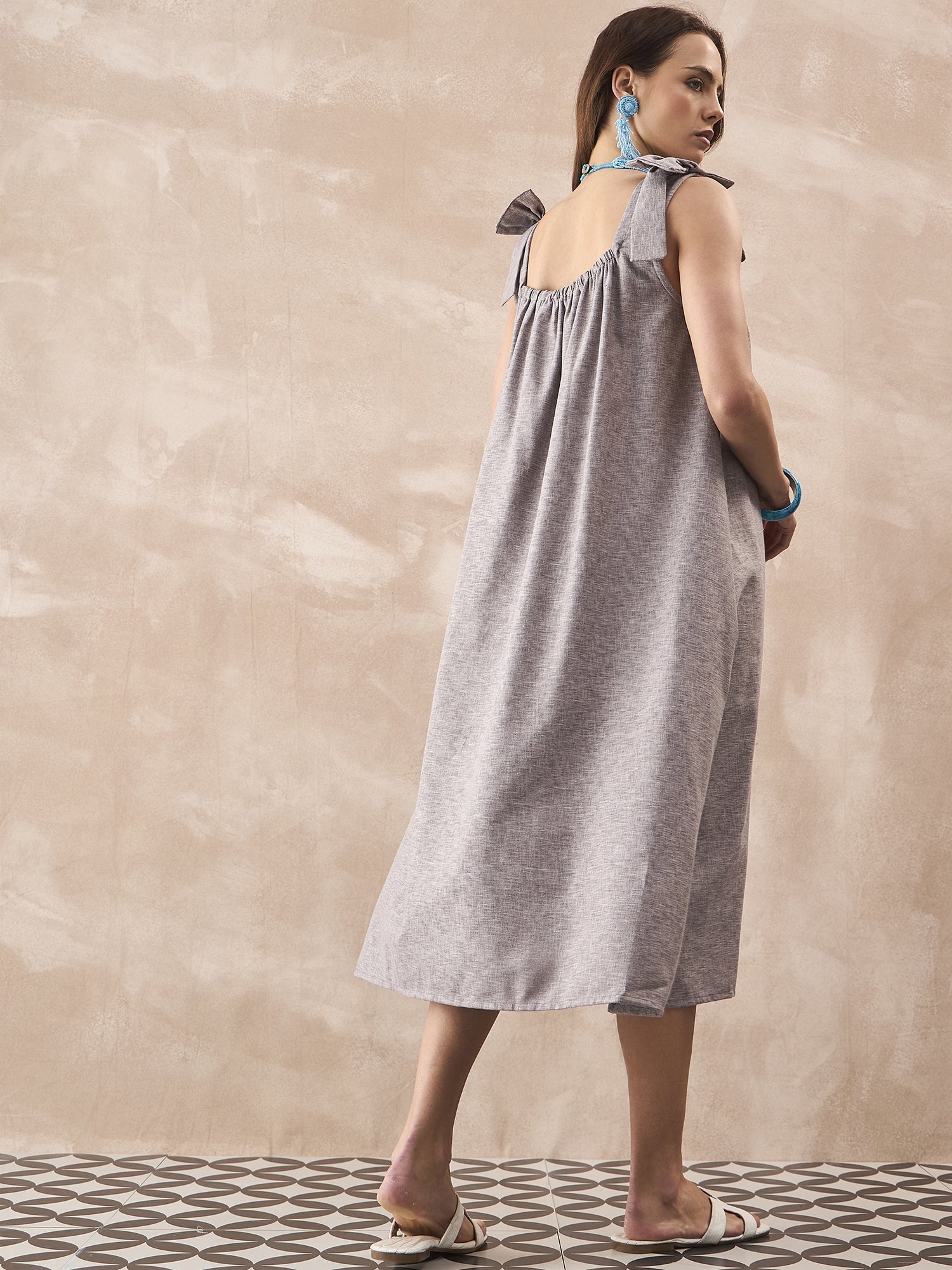 InWeave Dull Grey Linen Pleat Bow Dress | Grocsy
