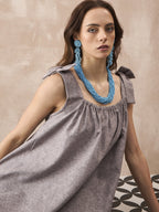 InWeave Dull Grey Linen Pleat Bow Dress | Grocsy