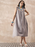 InWeave Dull Grey Linen Pleat Bow Dress | Grocsy