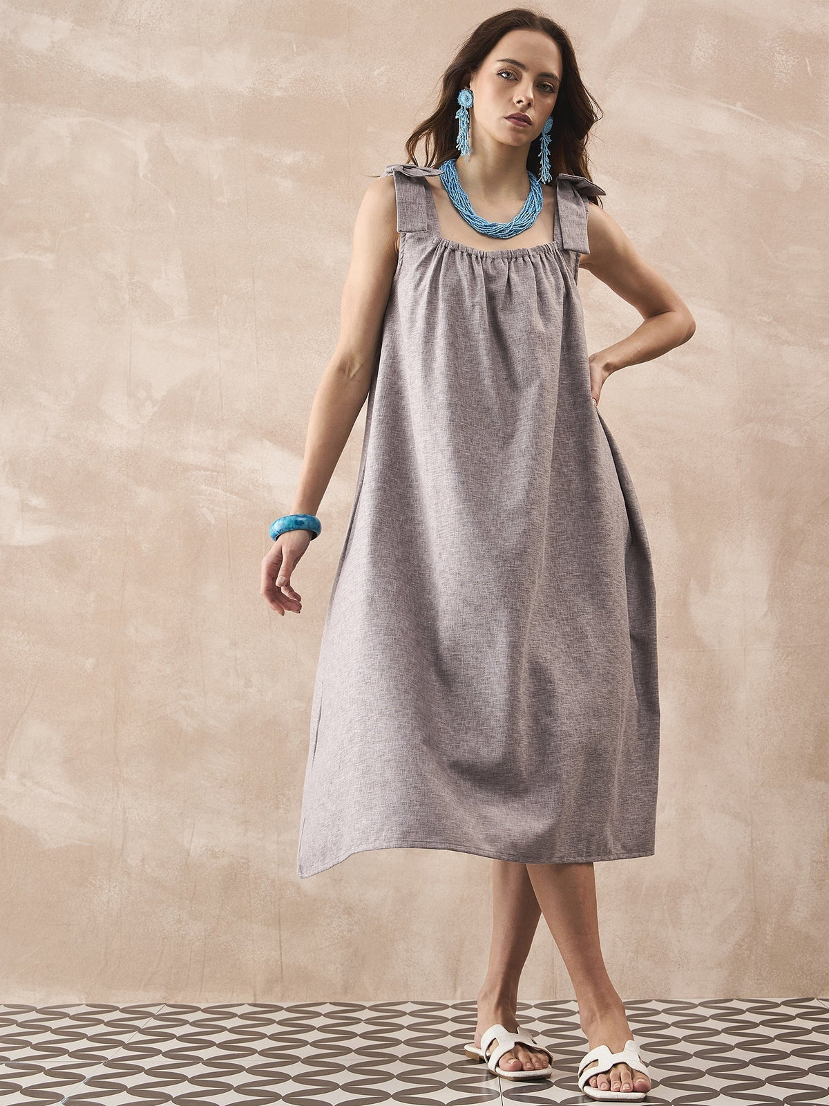 InWeave Dull Grey Linen Pleat Bow Dress | Grocsy
