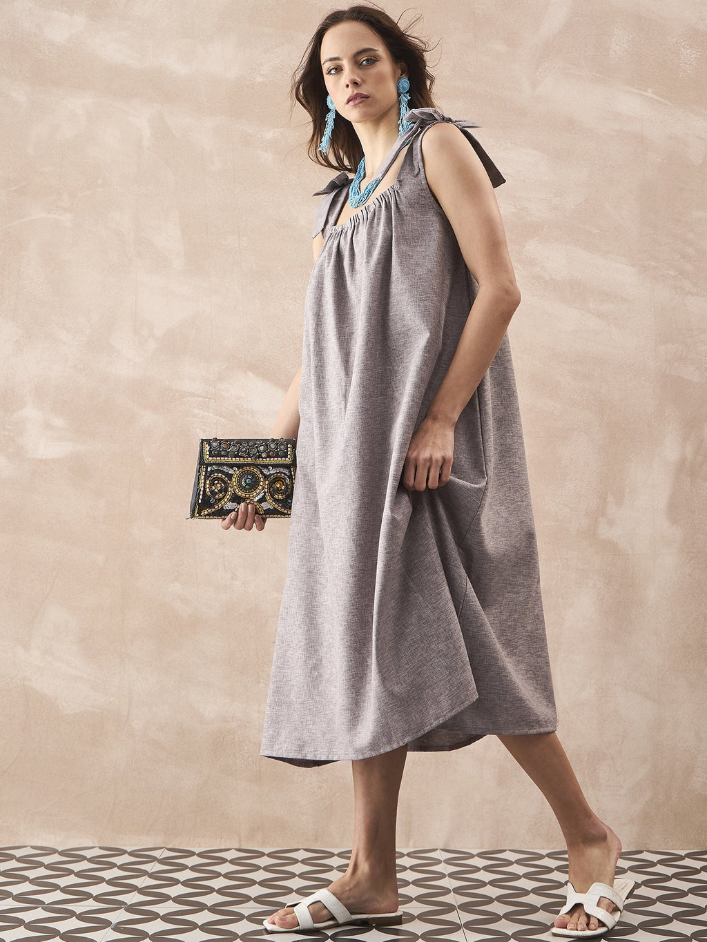 InWeave Dull Grey Linen Pleat Bow Dress | Grocsy