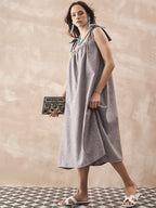 InWeave Dull Grey Linen Pleat Bow Dress | Grocsy