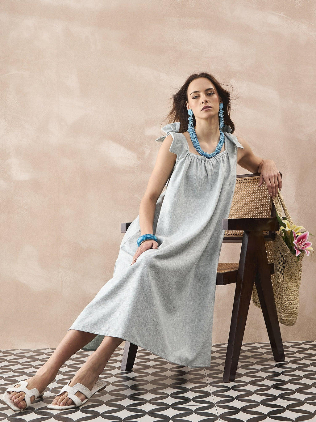 InWeave Pistachio Linen Pleat Bow Dress | Grocsy