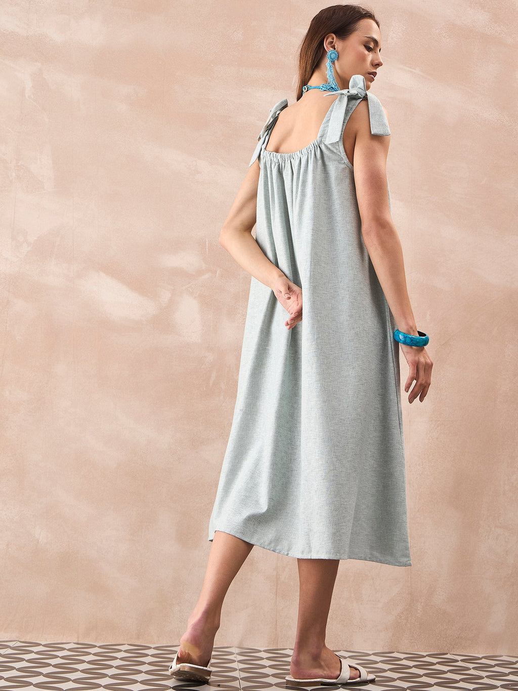 InWeave Pistachio Linen Pleat Bow Dress | Grocsy