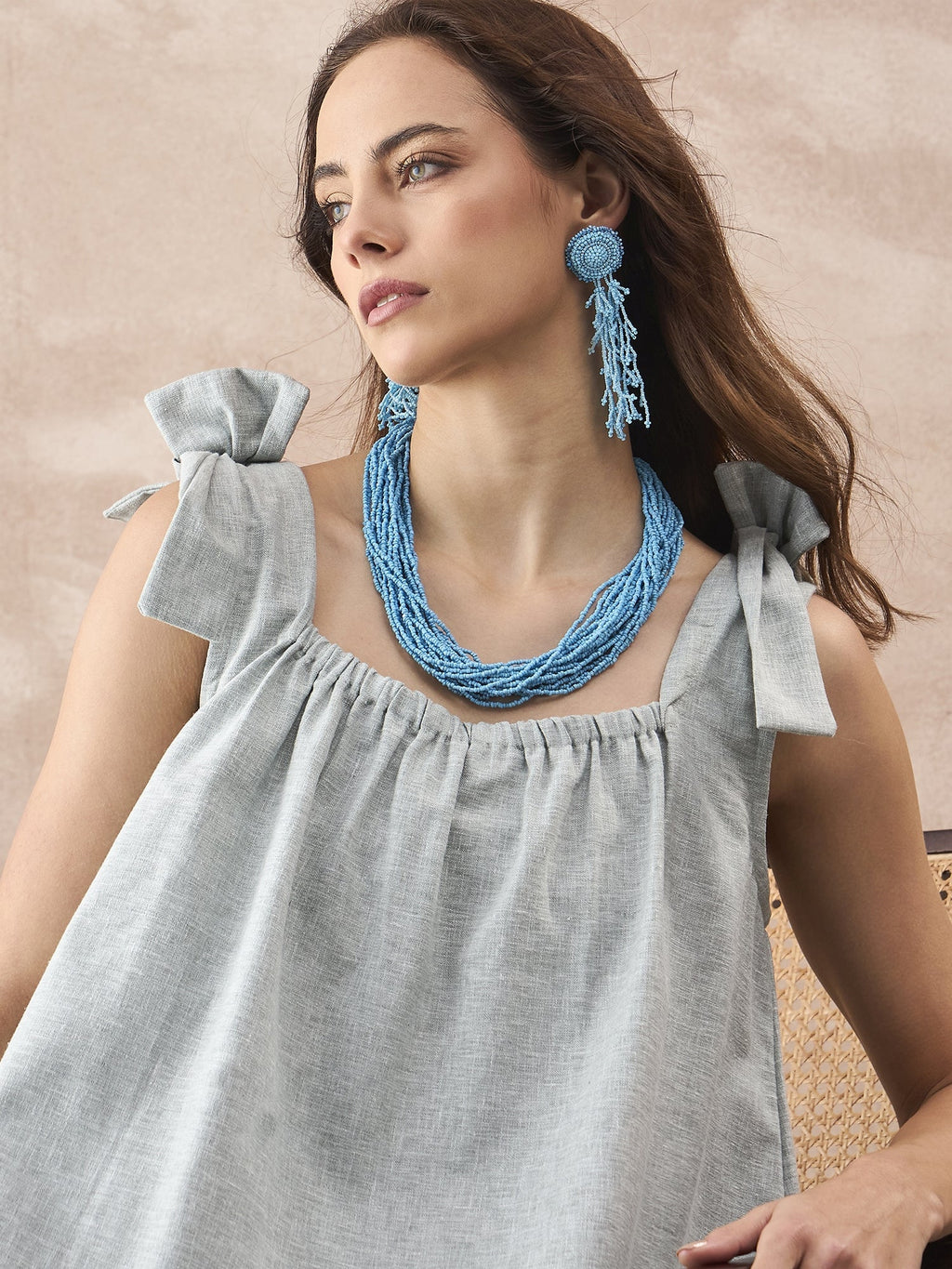 InWeave Pistachio Linen Pleat Bow Dress | Grocsy