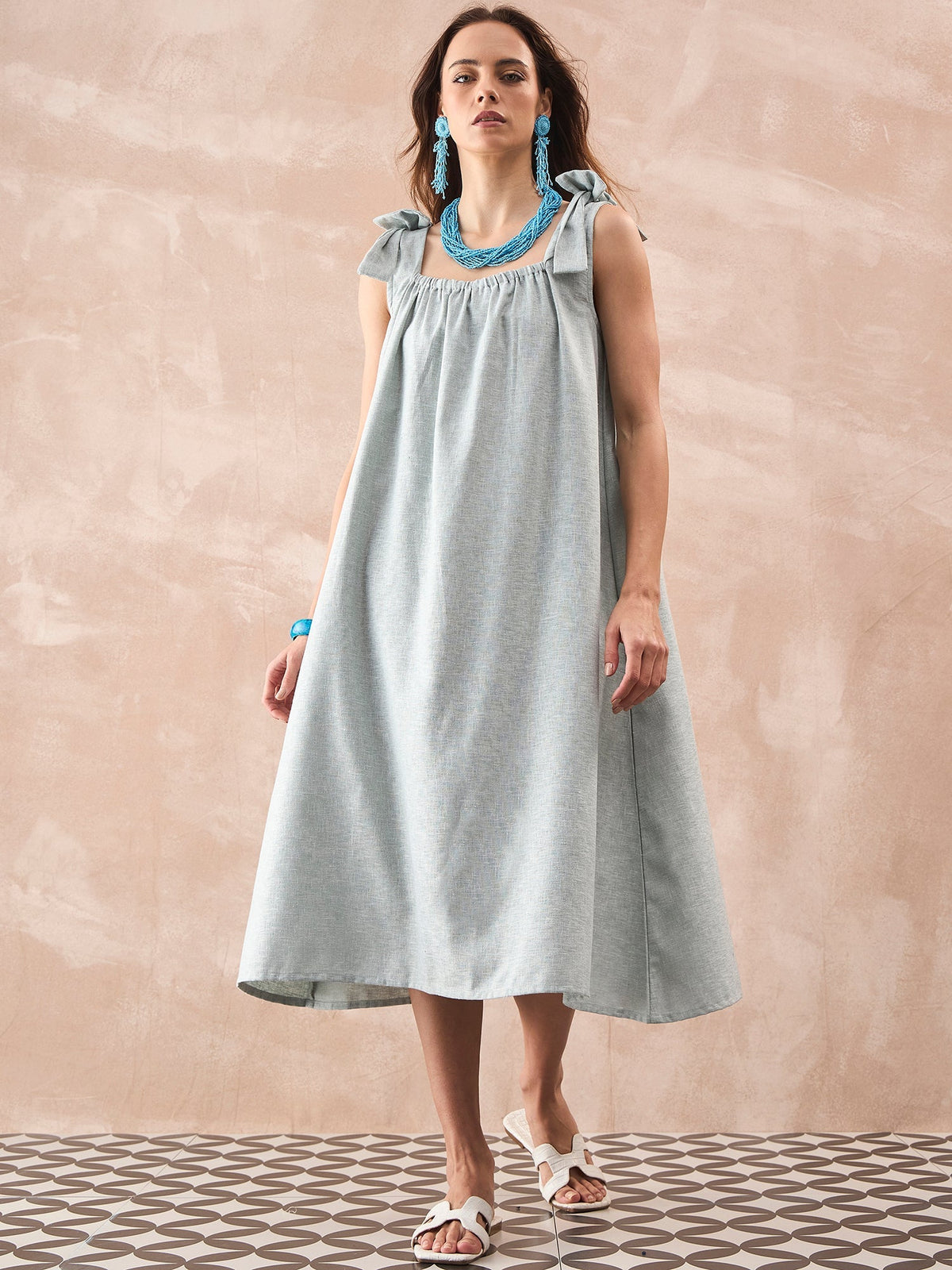 InWeave Pistachio Linen Pleat Bow Dress | Grocsy