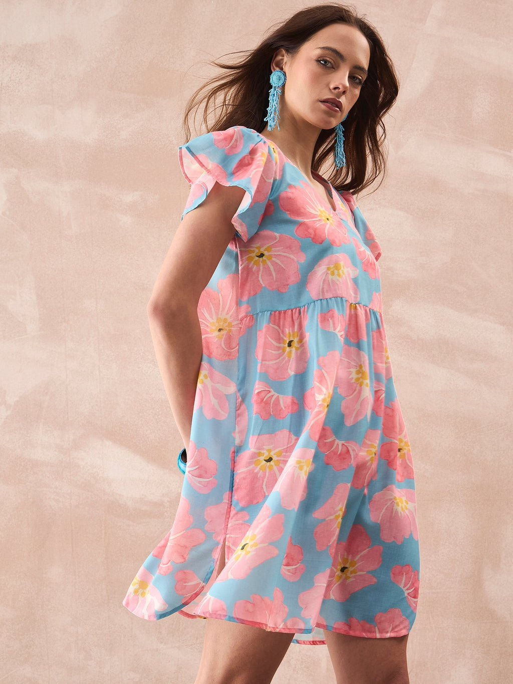 InWeave Skyblue Peach Short Dress | Grocsy