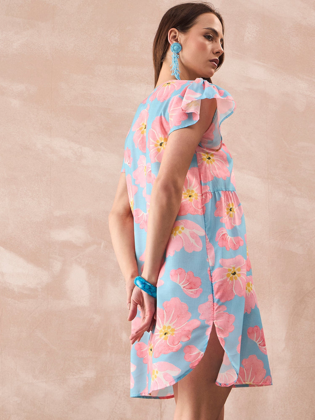 InWeave Skyblue Peach Short Dress | Grocsy