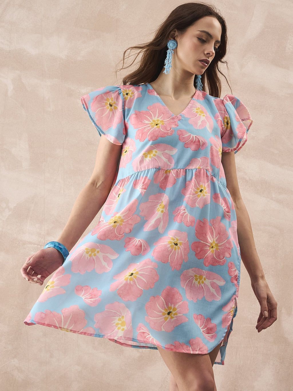 InWeave Skyblue Peach Short Dress | Grocsy
