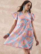 InWeave Skyblue Peach Short Dress | Grocsy