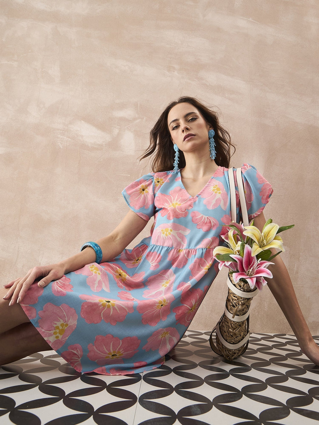 InWeave Skyblue Peach Short Dress | Grocsy