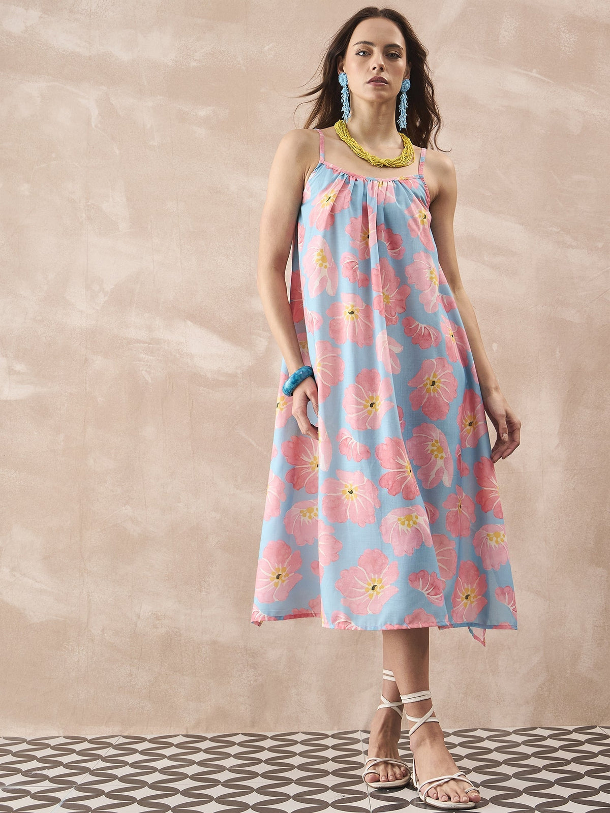 InWeave Skyblue Peach Strappy Dress | Grocsy