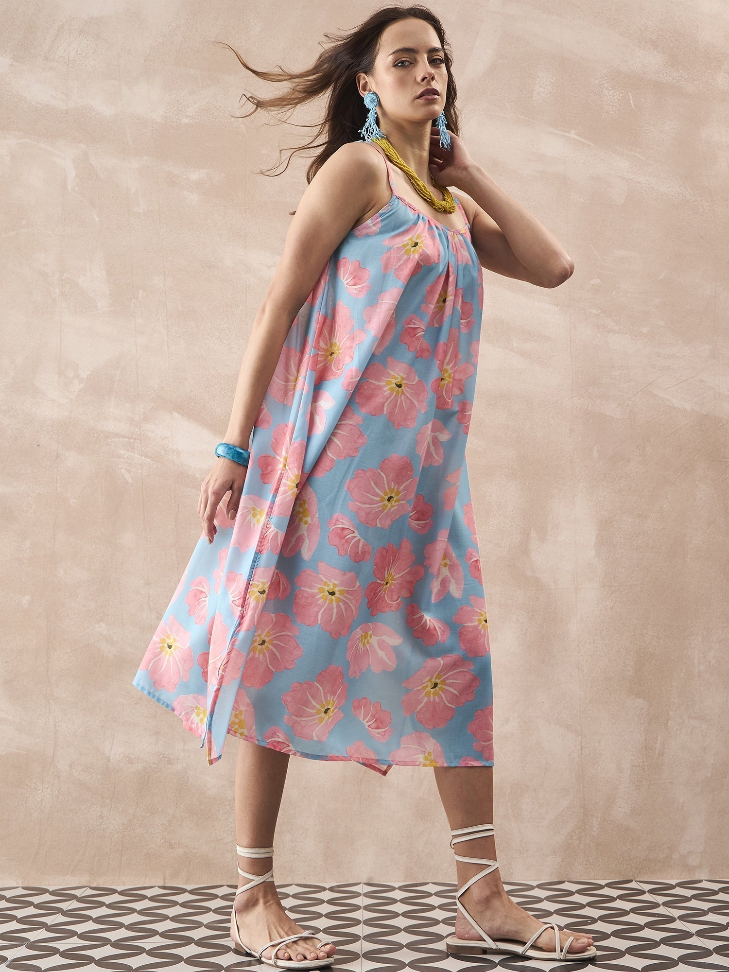 InWeave Skyblue Peach Strappy Dress | Grocsy