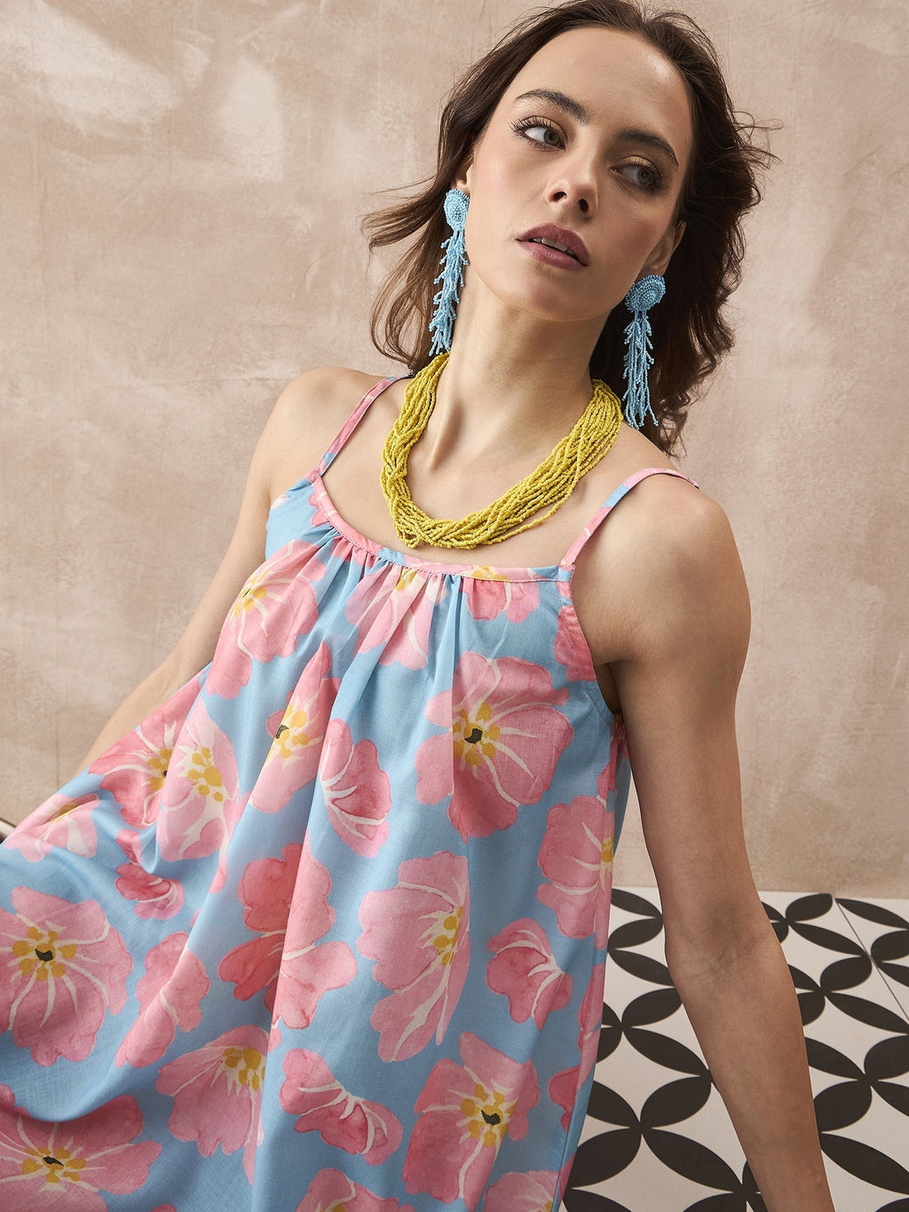 InWeave Skyblue Peach Strappy Dress | Grocsy