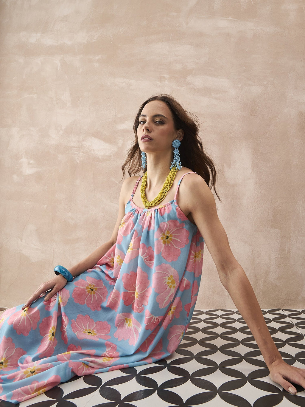InWeave Skyblue Peach Strappy Dress | Grocsy