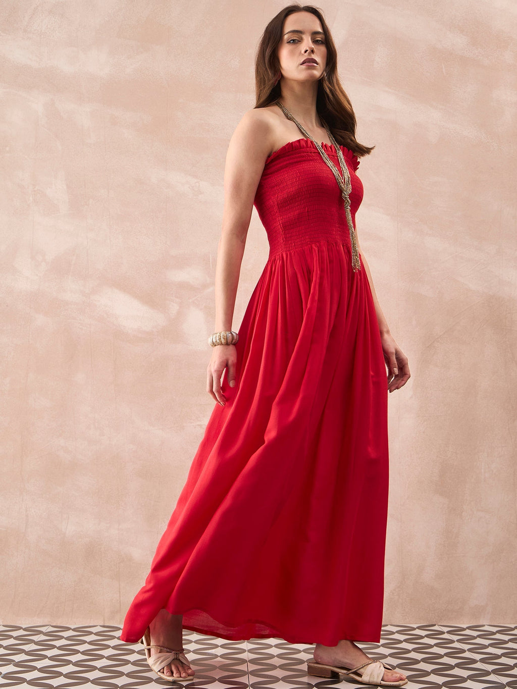 InWeave Red Solid Off Shoulder Dress | Grocsy